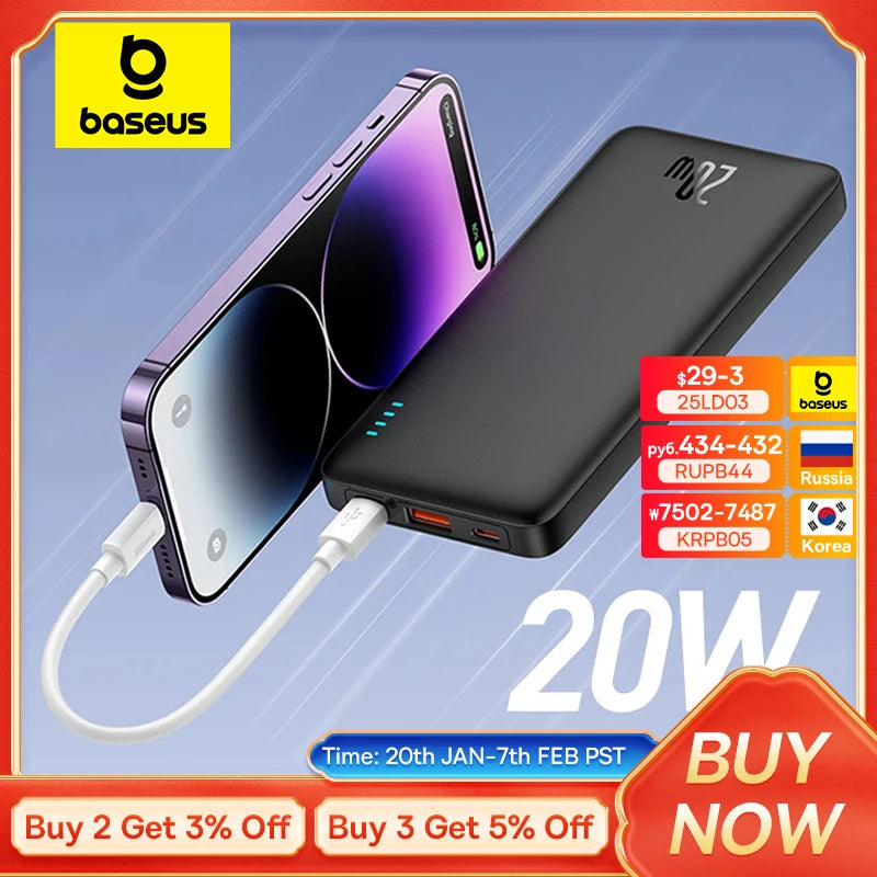 Baseus Airpow 20W Carregador Portátil de Carregamento Rápido – 10000mAh/20000mAh