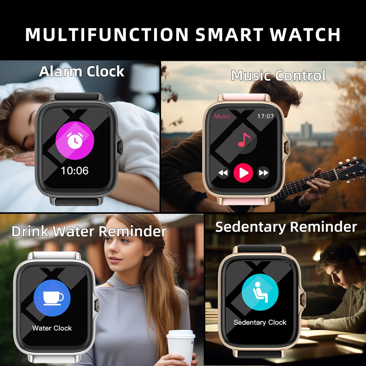 Relógio inteligente à prova d'água de 1,83'' com mensagem, resposta de chamadas, monitoramento do sono, pedômetro esportivo, alertas de informações para iPhone e Android