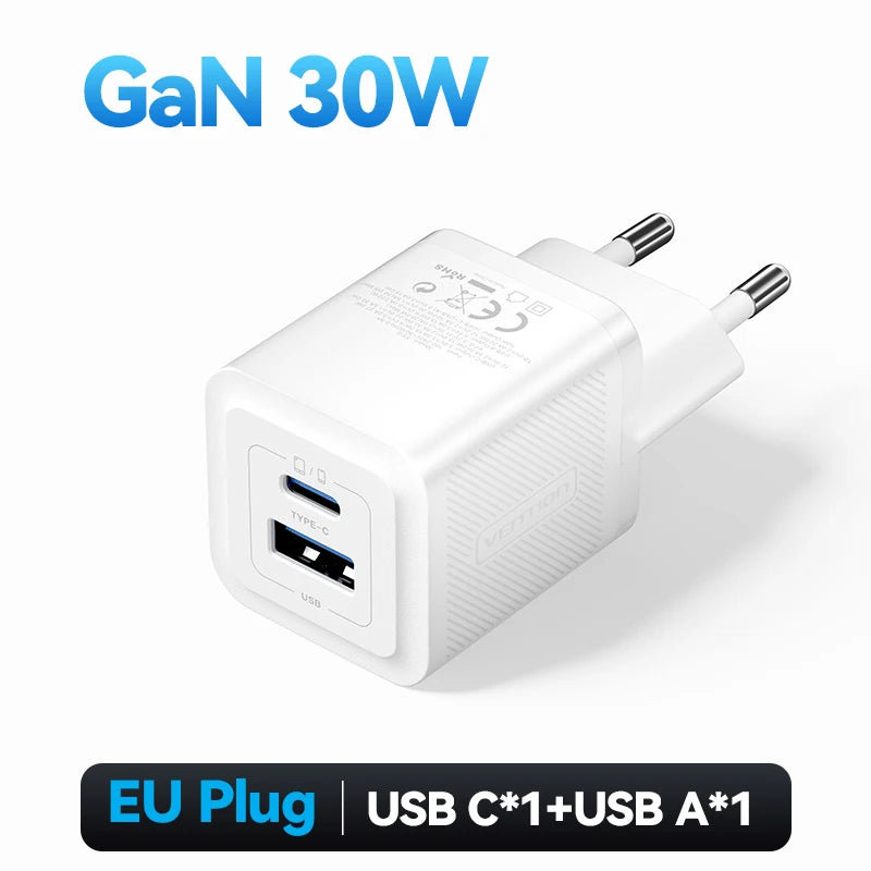Vention 30W GaN Fast Charger – USB-C PD 3.0 Adapter for iPhone, iPad, Samsung & More