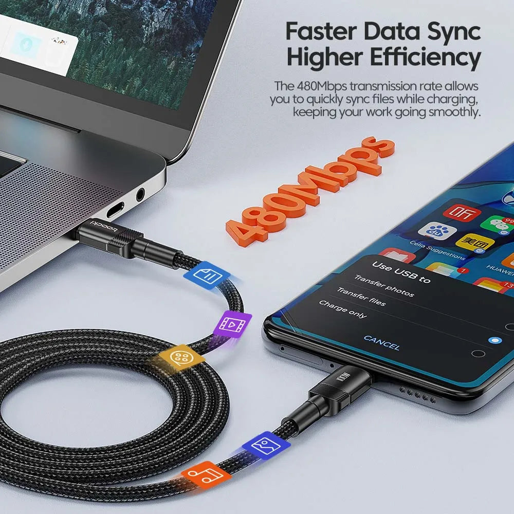 Cabo de carregamento rápido Toocki 100 W USB-C para USB-C, PD 3.0, QC 4.0