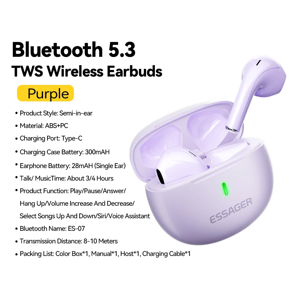 Fones de ouvido Essager Bluetooth 5.3 TWS com microfone