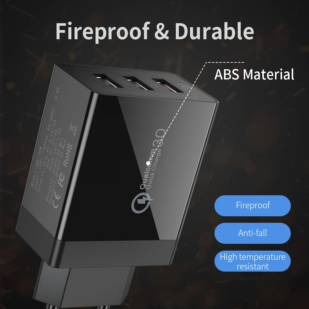 Essager 30W USB-C Fast Charger – 3-Port QC 3.0 Wall Adapter
