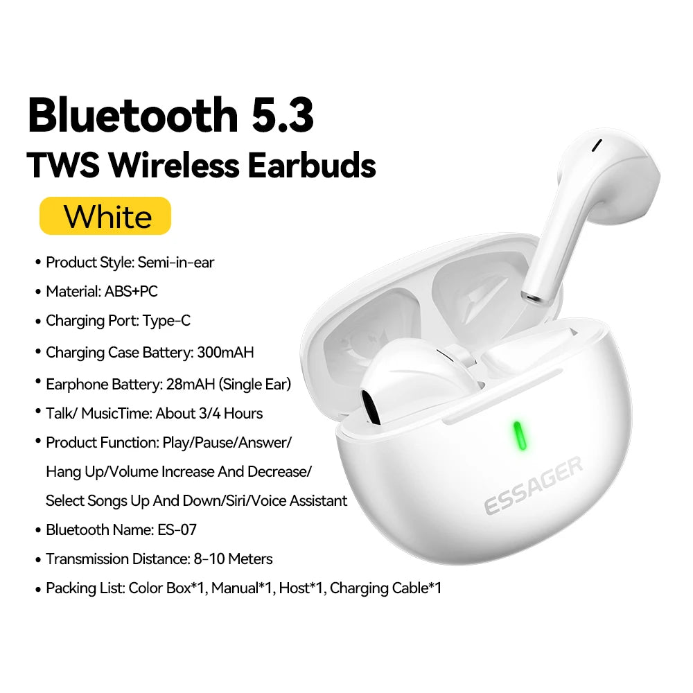 Fones de ouvido Essager Bluetooth 5.3 TWS com microfone