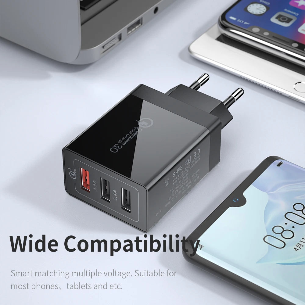 Essager 30W USB-C Fast Charger – 3-Port QC 3.0 Wall Adapter