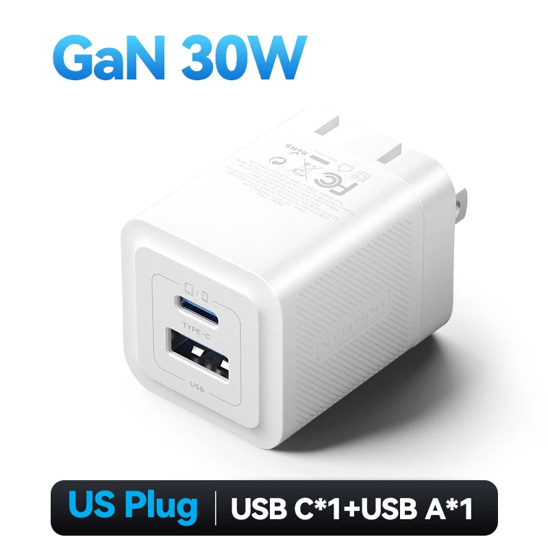 Vention 30W GaN Fast Charger – USB-C PD 3.0 Adapter for iPhone, iPad, Samsung & More