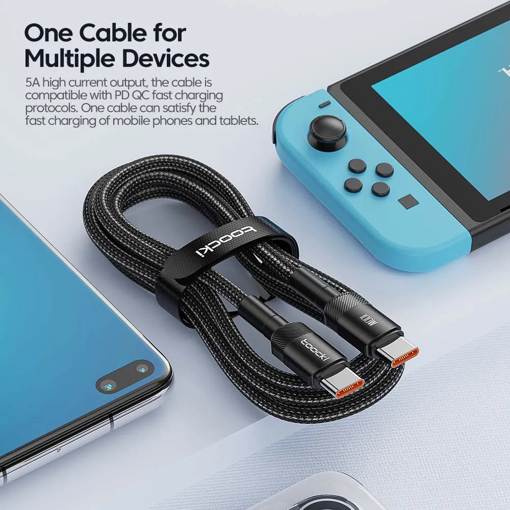 Cabo de carregamento rápido Toocki 100 W USB-C para USB-C, PD 3.0, QC 4.0
