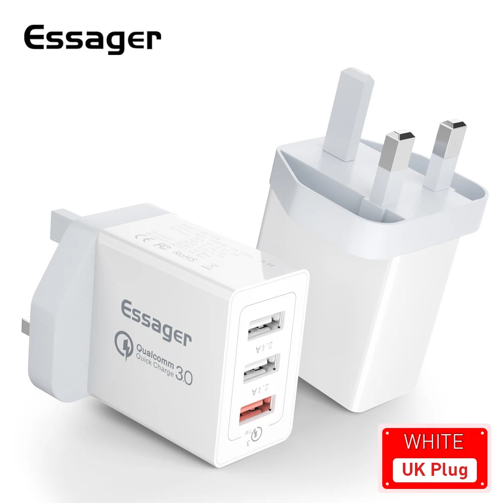 Essager 30W USB-C Fast Charger – 3-Port QC 3.0 Wall Adapter