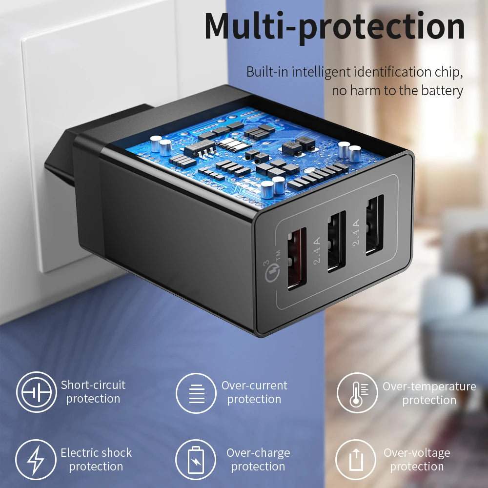 Essager 30W USB-C Fast Charger – 3-Port QC 3.0 Wall Adapter