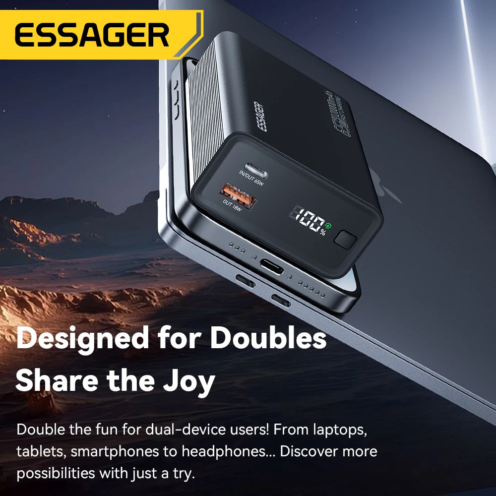 Essager 20000mAh 65W Power Bank – Fast Charging for Phones, Laptops & More