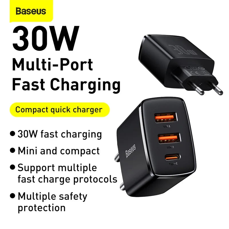 Carregador rápido USB-C Baseus 30 W | QC 3.0 PD 20 W | Para iPhone 16/15/14 Pro Max, Samsung, Xiaomi