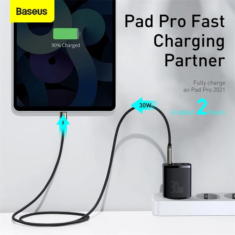 Carregador rápido USB-C Baseus 30 W | QC 3.0 PD 20 W | Para iPhone 16/15/14 Pro Max, Samsung, Xiaomi