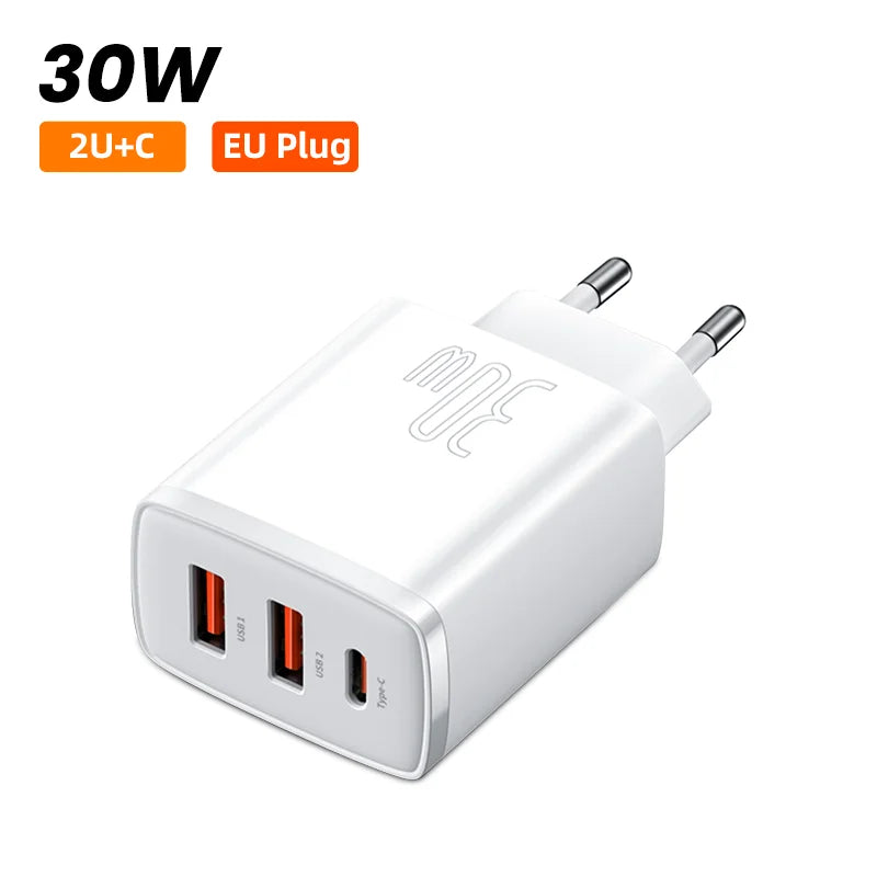 Carregador rápido USB-C Baseus 30 W | QC 3.0 PD 20 W | Para iPhone 16/15/14 Pro Max, Samsung, Xiaomi