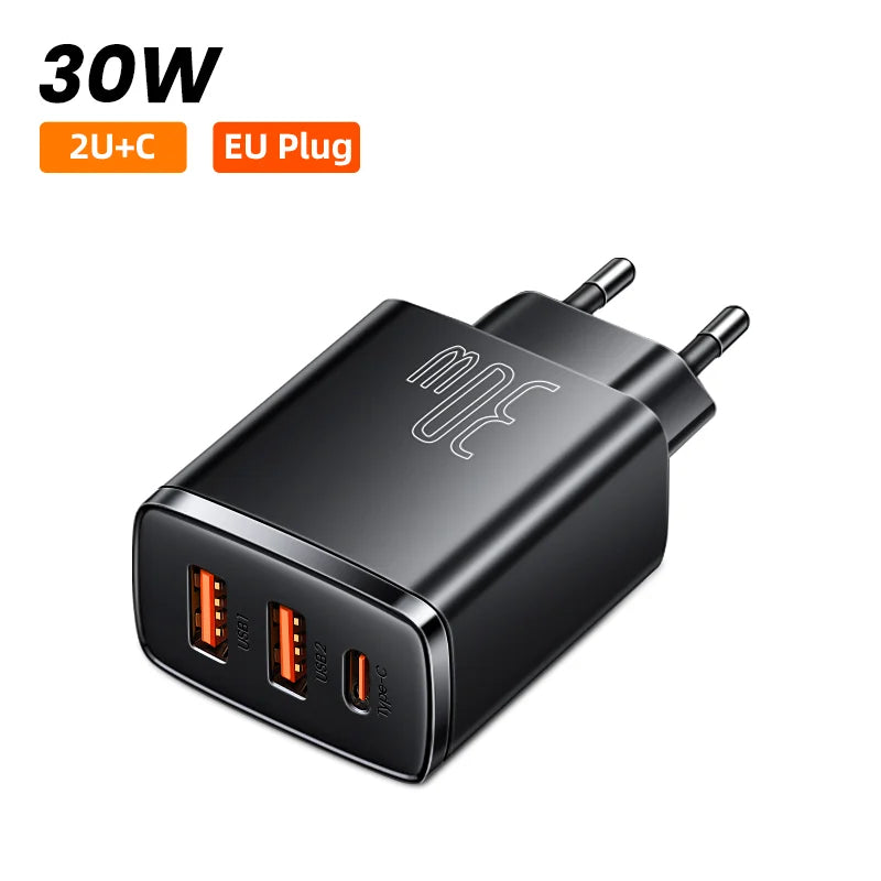 Carregador rápido USB-C Baseus 30 W | QC 3.0 PD 20 W | Para iPhone 16/15/14 Pro Max, Samsung, Xiaomi