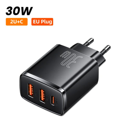 Carregador rápido USB-C Baseus 30 W | QC 3.0 PD 20 W | Para iPhone 16/15/14 Pro Max, Samsung, Xiaomi