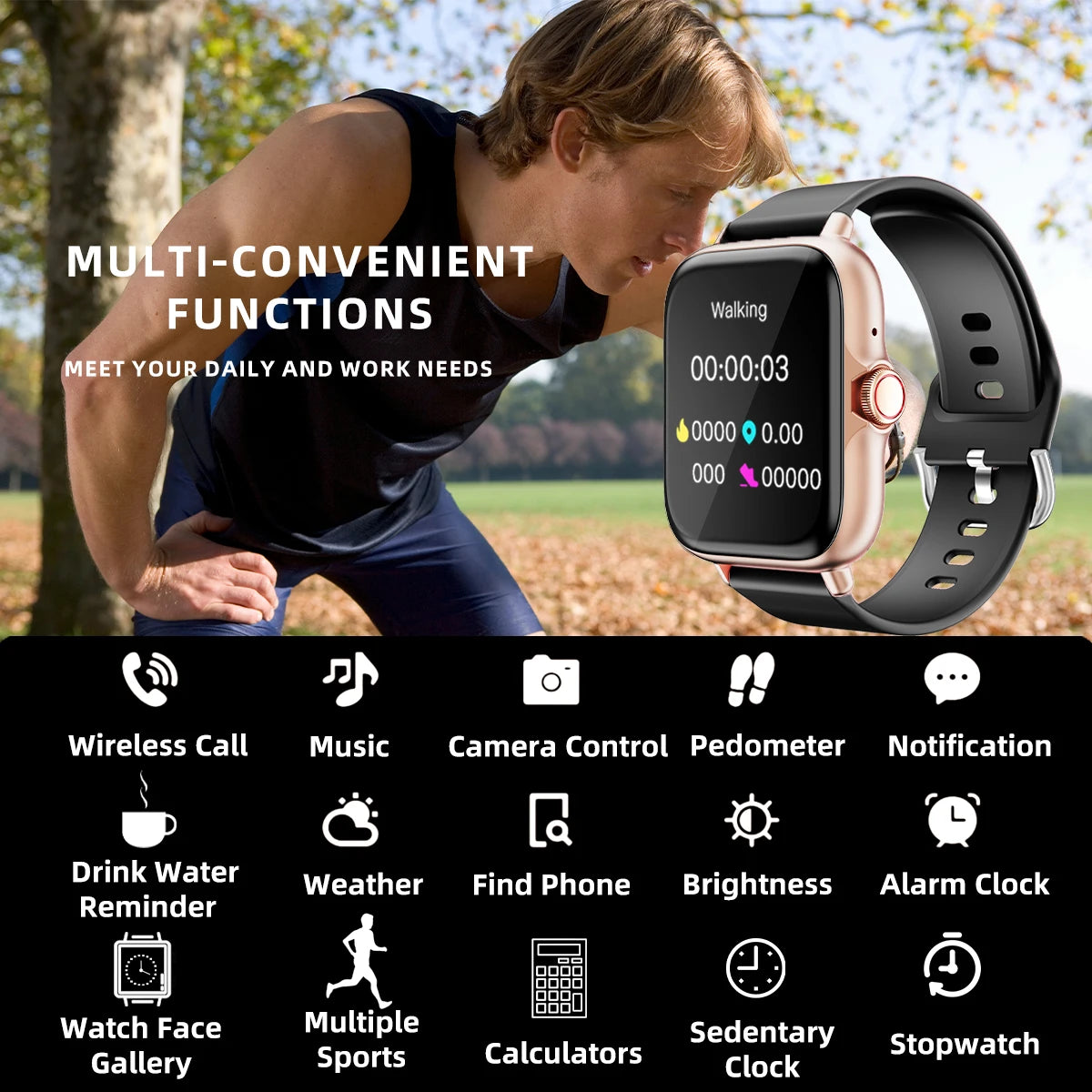 Relógio inteligente à prova d'água de 1,83'' com mensagem, resposta de chamadas, monitoramento do sono, pedômetro esportivo, alertas de informações para iPhone e Android 