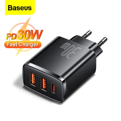 Carregador rápido USB-C Baseus 30 W | QC 3.0 PD 20 W | Para iPhone 16/15/14 Pro Max, Samsung, Xiaomi
