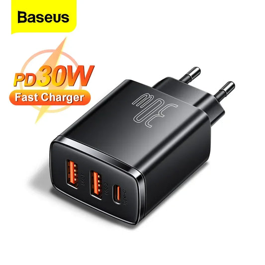 Carregador rápido USB-C Baseus 30 W | QC 3.0 PD 20 W | Para iPhone 16/15/14 Pro Max, Samsung, Xiaomi