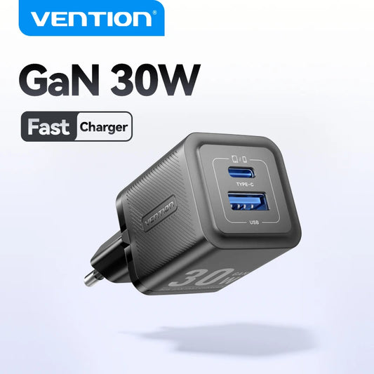 Carregador rápido Vention 30W GaN – Adaptador USB-C PD 3.0 para iPhone, iPad, Samsung e mais