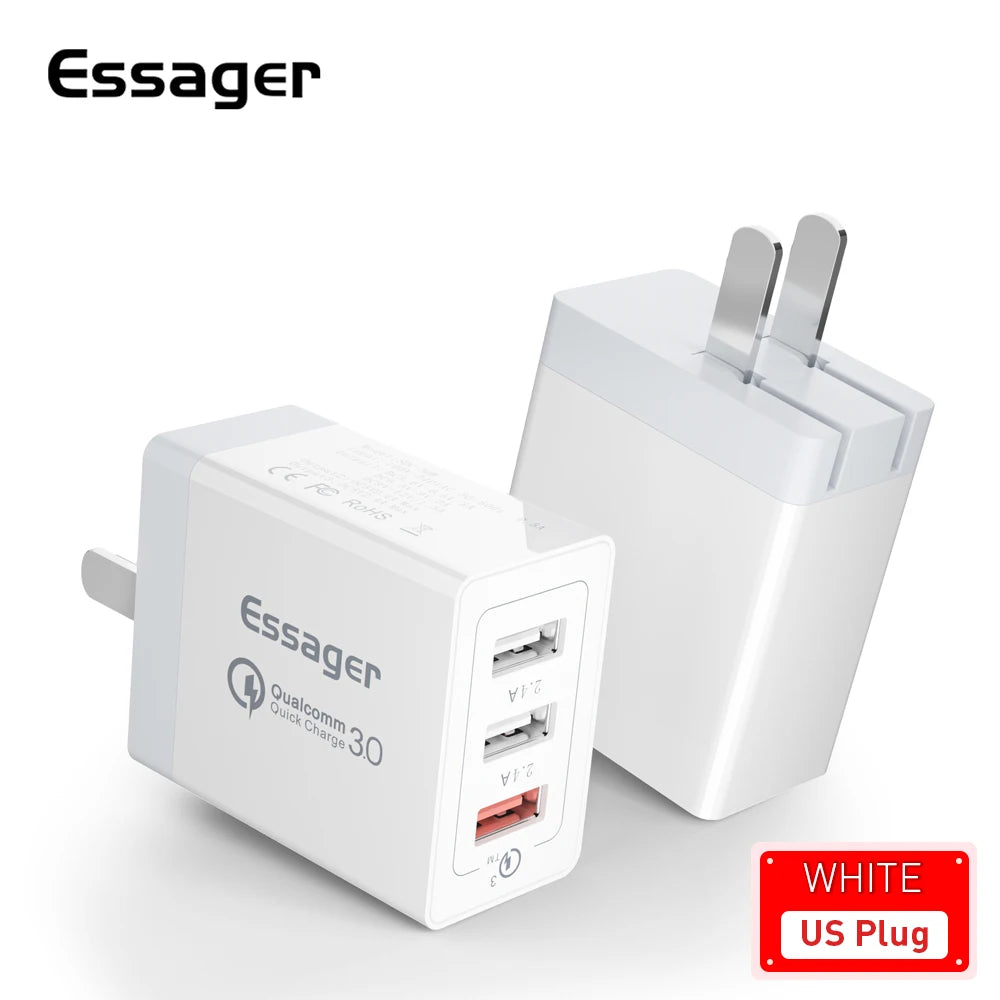 Essager 30W USB-C Fast Charger – 3-Port QC 3.0 Wall Adapter