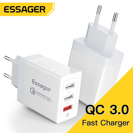 Carregador rápido USB-C Essager 30 W – Adaptador de parede QC 3.0 de 3 portas