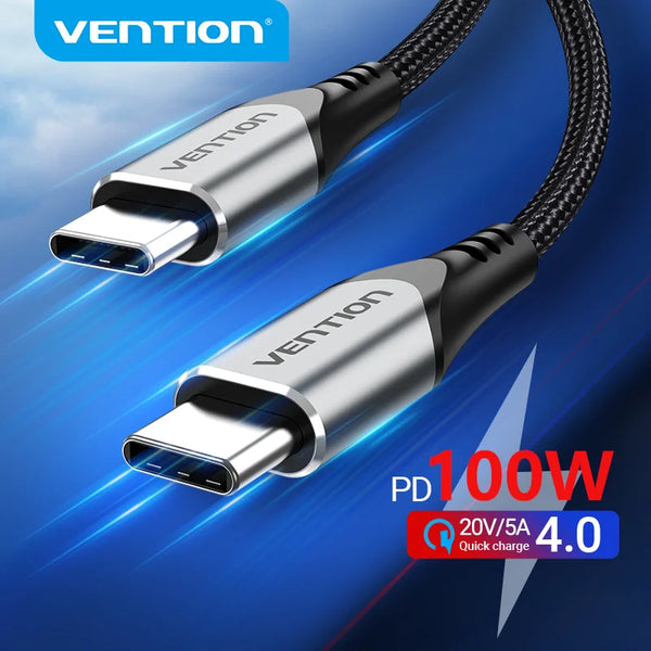 Cabo de carregamento rápido Vention USB-C para USB-C PD | 100 W/60 W | 5 A QC 4.0 | Para Samsung, Xiaomi, MacBook, iPad