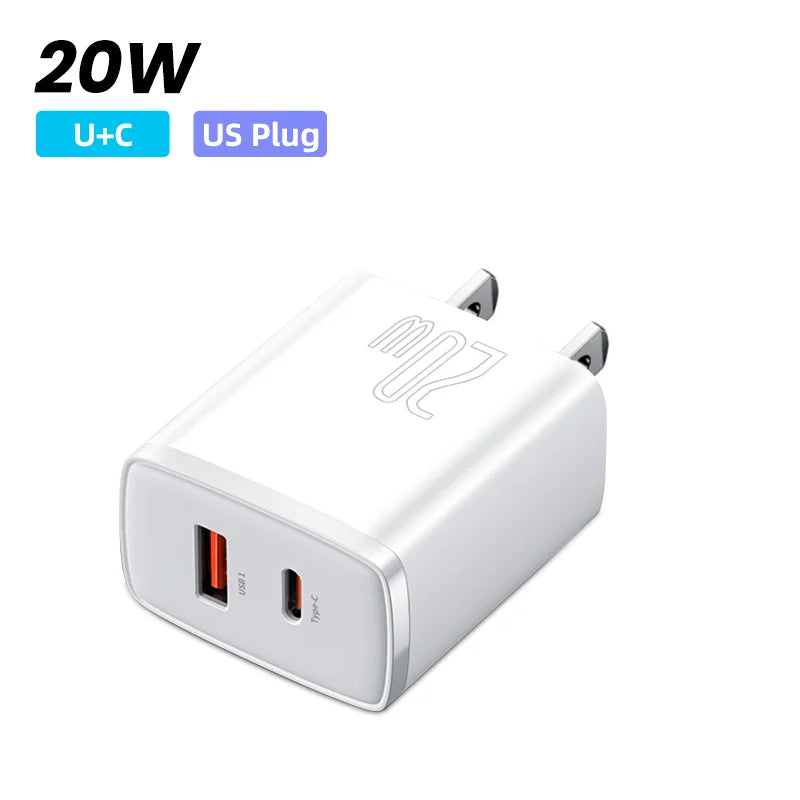 Carregador rápido USB-C Baseus 30 W | QC 3.0 PD 20 W | Para iPhone 16/15/14 Pro Max, Samsung, Xiaomi