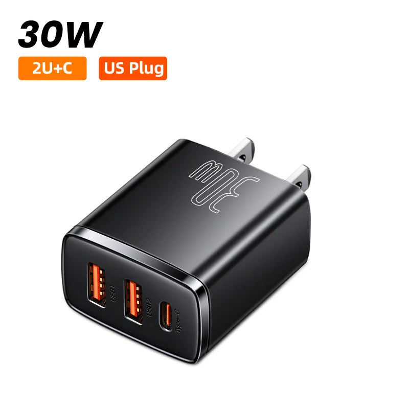 Carregador rápido USB-C Baseus 30 W | QC 3.0 PD 20 W | Para iPhone 16/15/14 Pro Max, Samsung, Xiaomi