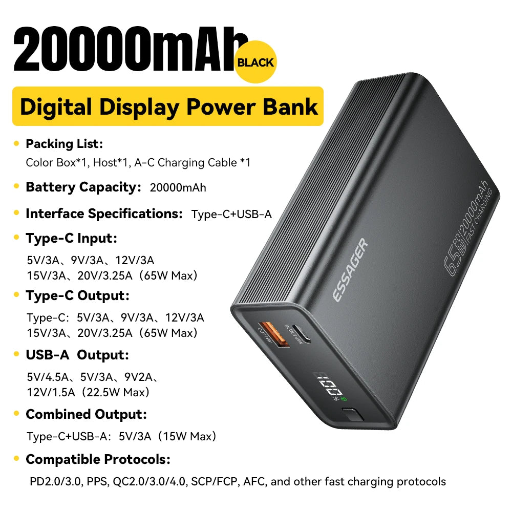 Essager 20000mAh 65W Power Bank – Fast Charging for Phones, Laptops & More