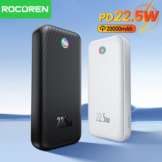 Rocoren 22,5 W Fast Charge Power Bank – Bateria portátil QC PD 3.0 de 20000 mAh para iPhone e Android